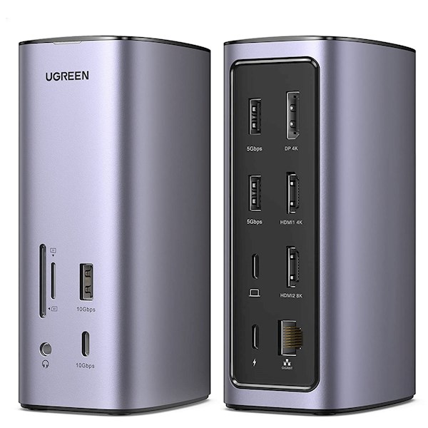 USB-C ჰაბი UGREEN CM555 (90325), Type-C Docking Station, HDMI, USB, Ethernet, SD/TF, 3.5mm, Gray
